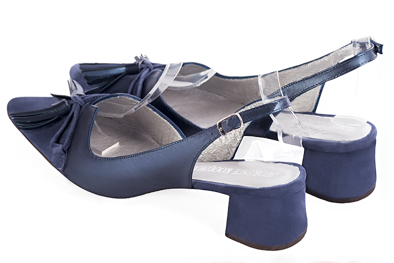 Prussian blue women's open back shoes, with a knot. Tapered toe. Low flare heels. Rear view - Florence KOOIJMAN